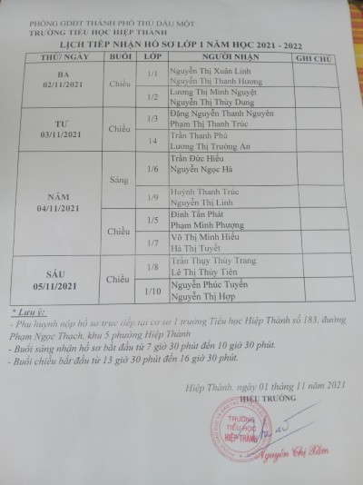 Lịch tiếp nhận hồ sơ lớp 1