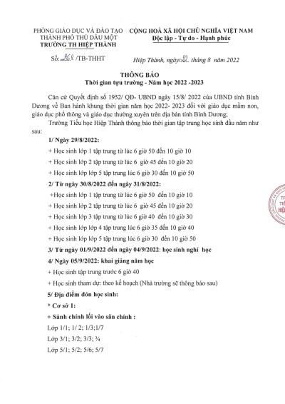 Thông báo thời gian tựu trường năm học 2022-2023