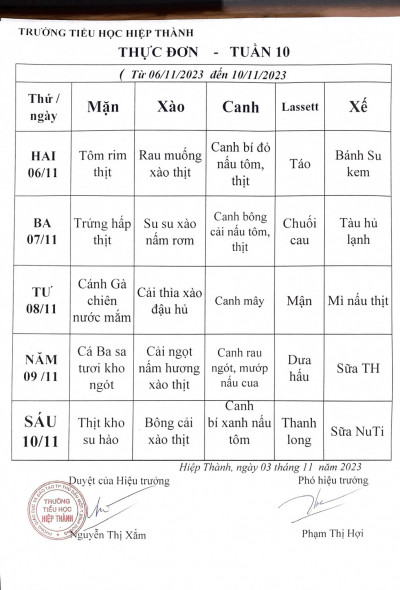 Thực đơn bán trú tuần 10