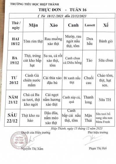 Thực đơn tuần 16