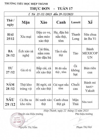 Thực đơn tuần 17