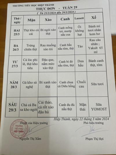 Thực đơn tuần 29