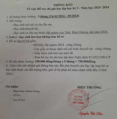 Thông báo về việc hỗ trợ chi phí học tập
