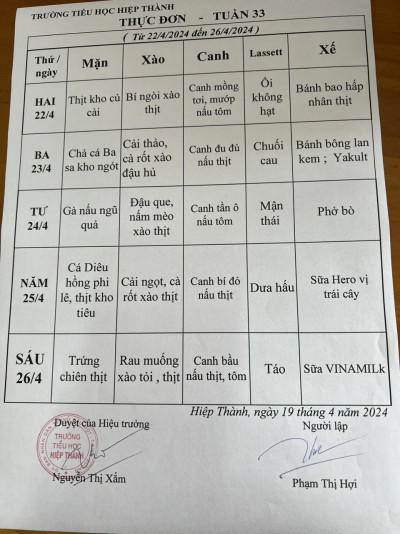 Thực đơn tuần 33