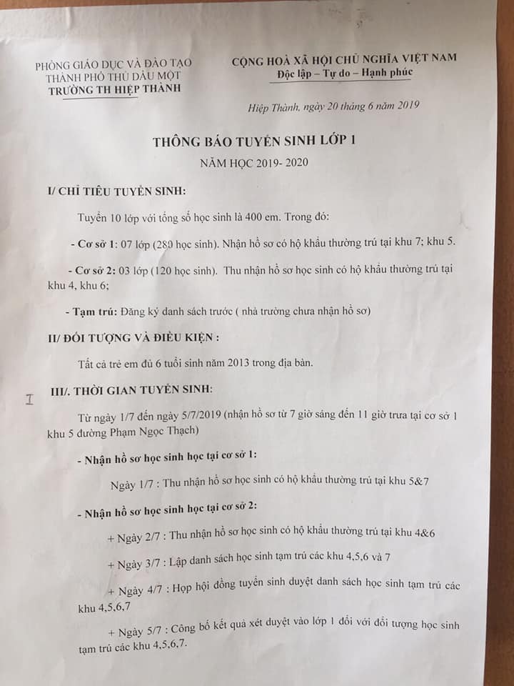Tuyển sinh lớp 1 năm học 2019