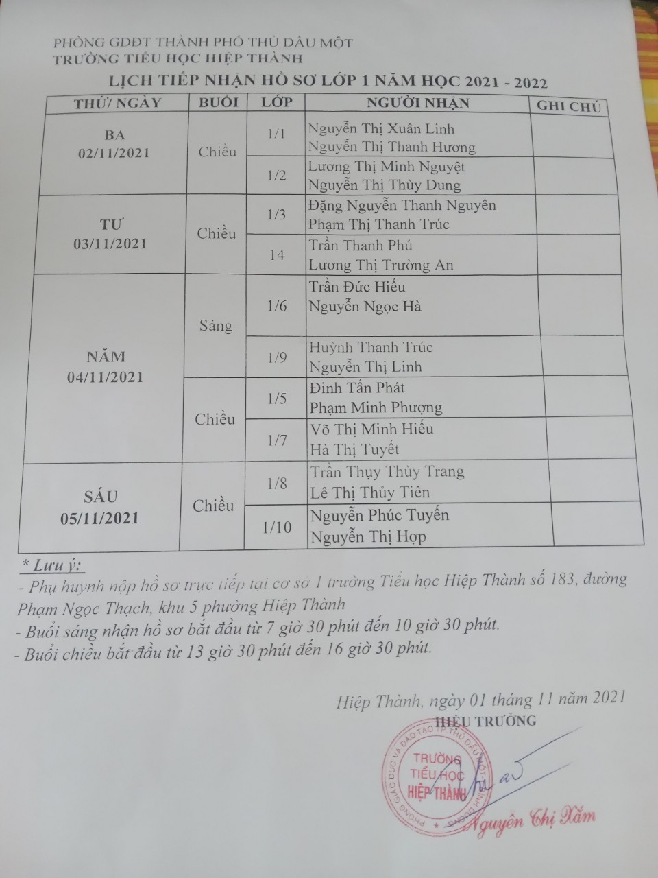 Lịch tiếp nhận hồ sơ lớp 1