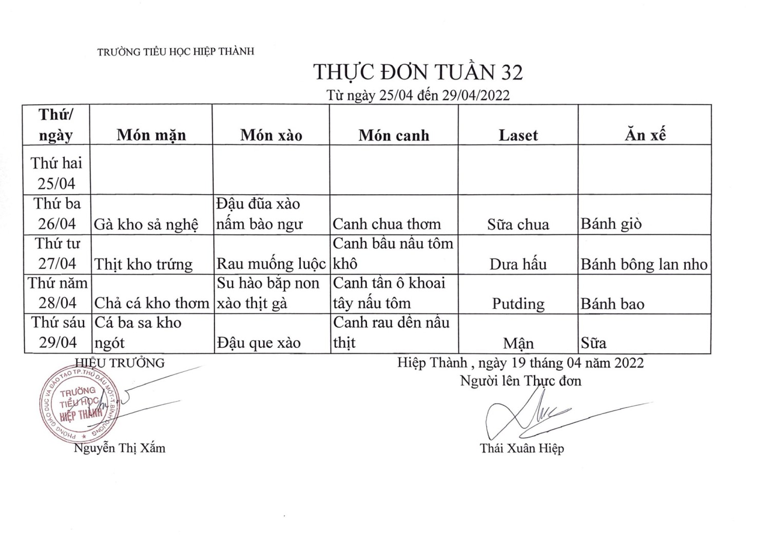 Thực đơn tuần 32