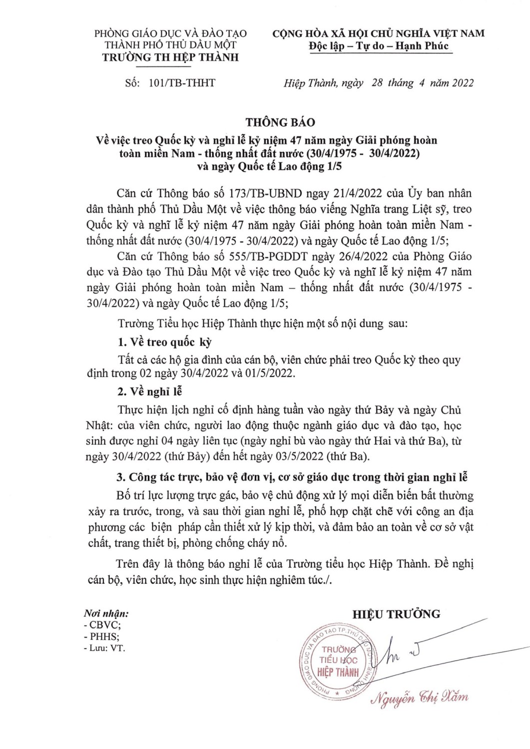 Thông báo nghỉ Lễ Giải phóng hoàn toàn miền Nam 30.04 và Quốc tế Lao động 01.5.