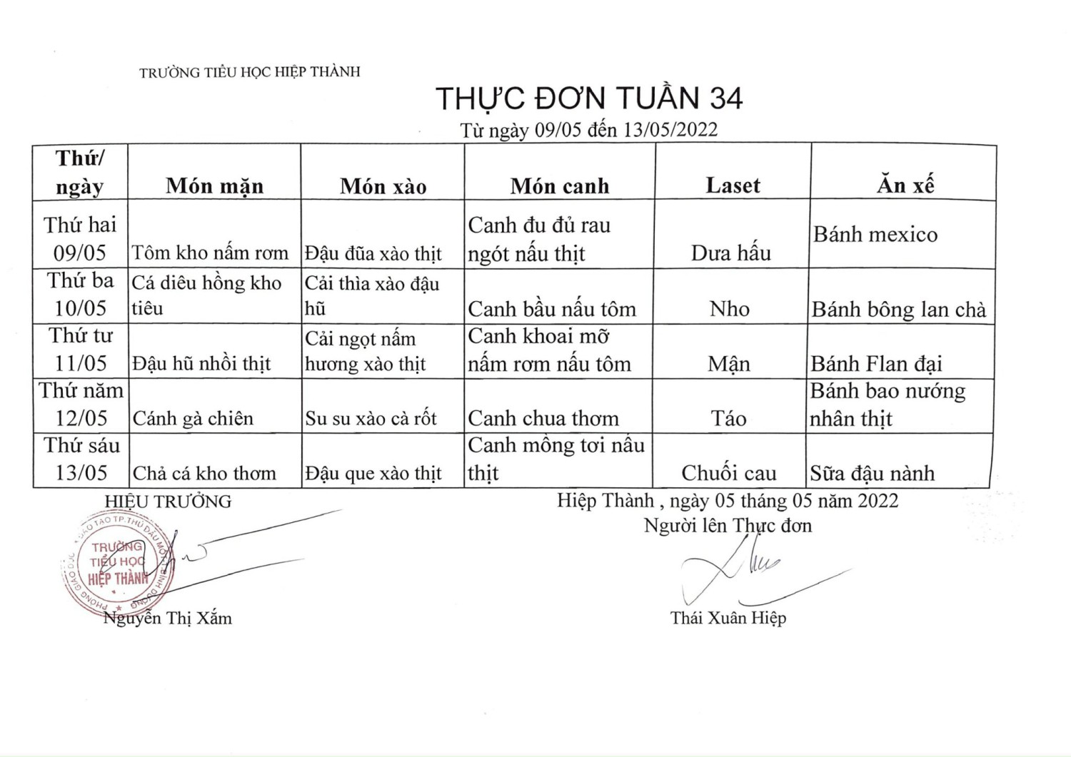 Thực đơn tuần 34