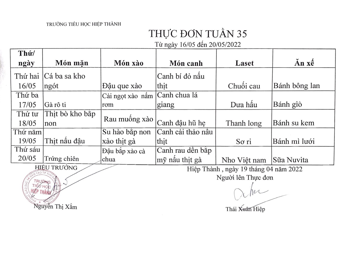 Thực đơn tuần 35