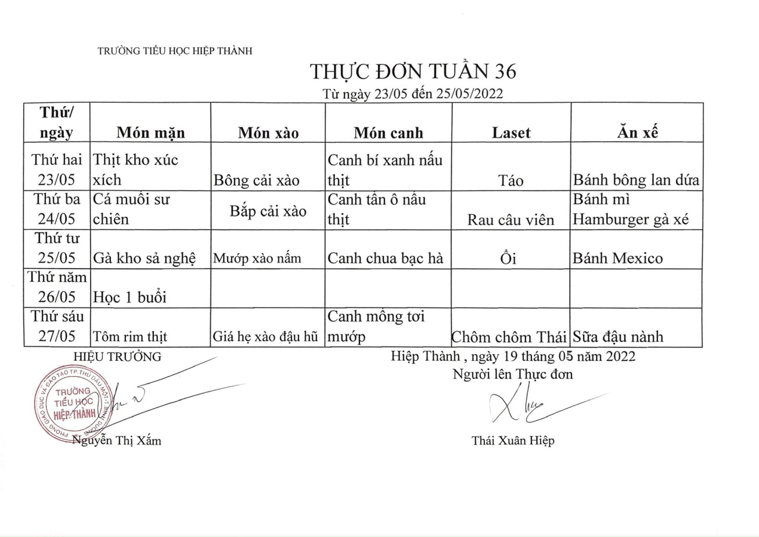 Thực đơn tuần 36