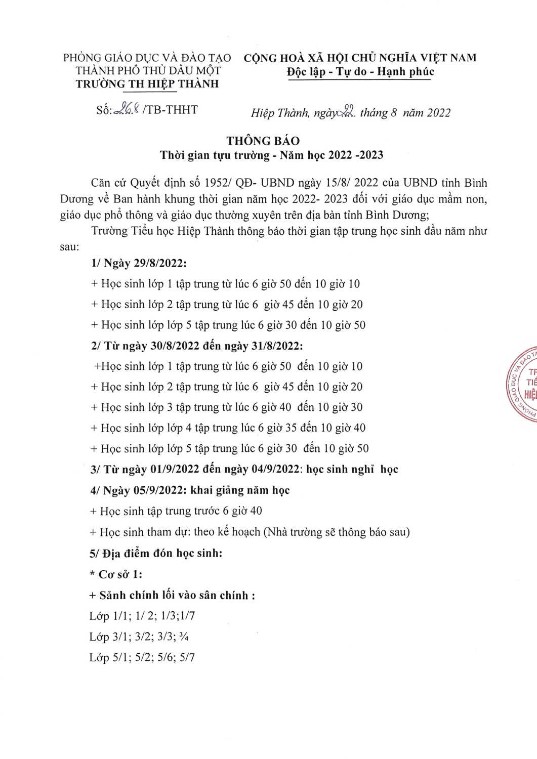 Thông báo thời gian tựu trường năm học 2022-2023