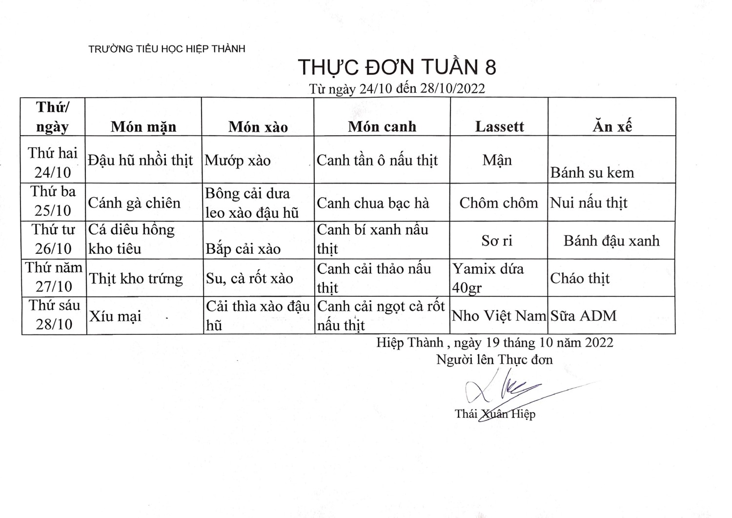 Thực đơn tuần 8