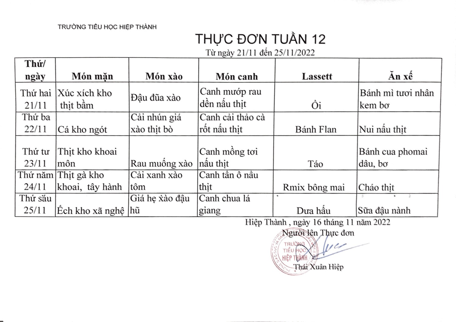 Thực đơn tuần 12
