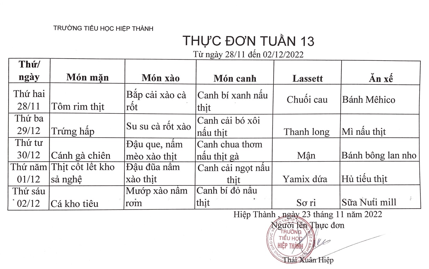 Thực đơn tuần 13