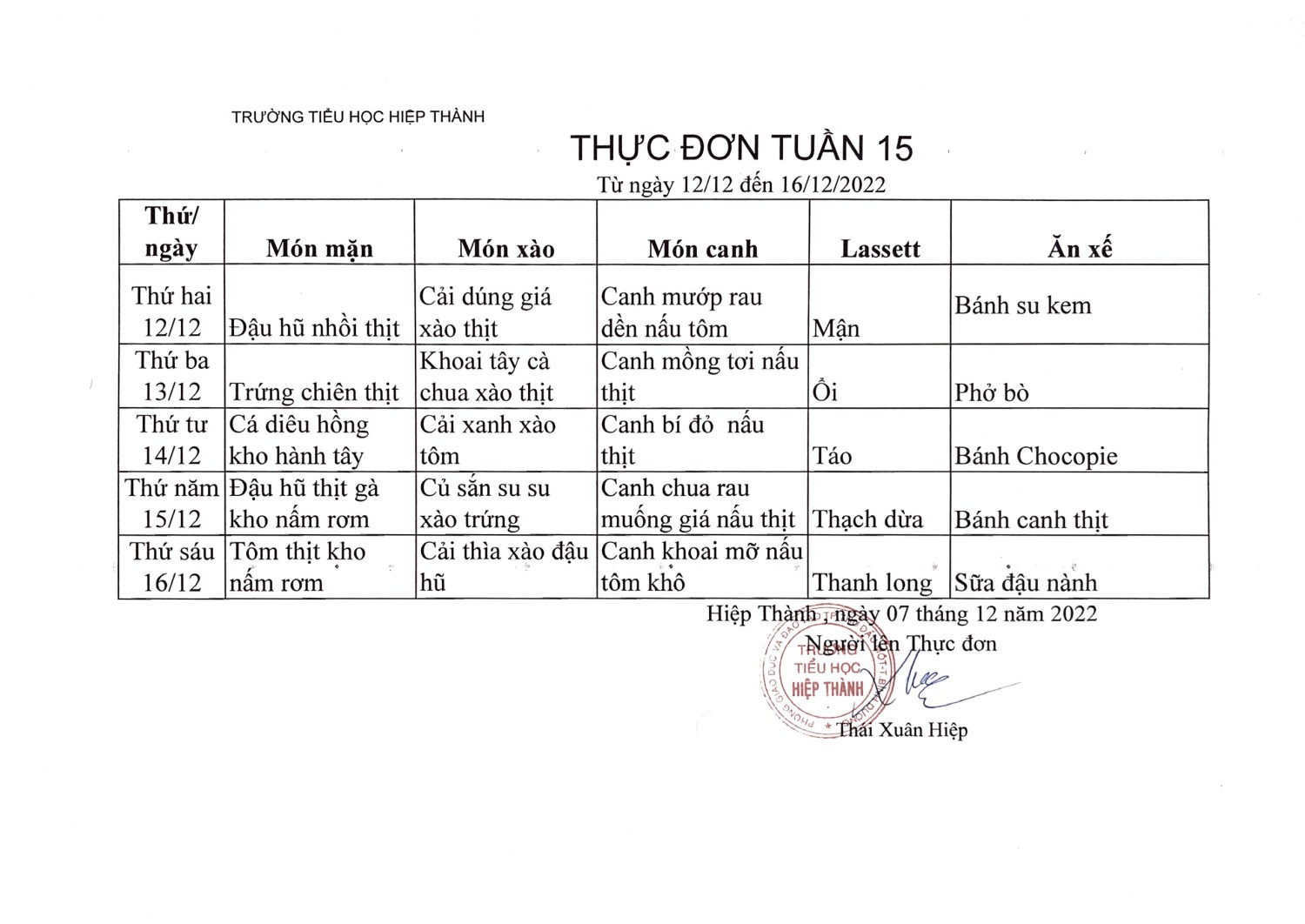 Thực đơn tuần 15