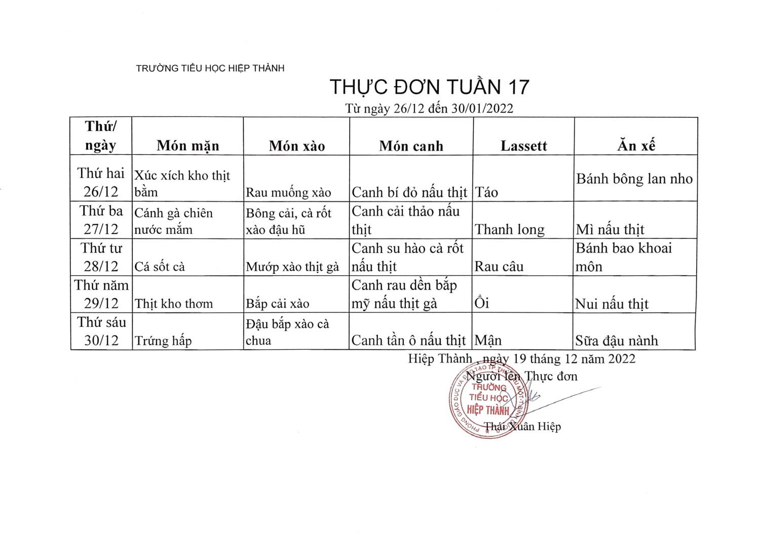 Thực đơn tuần 17