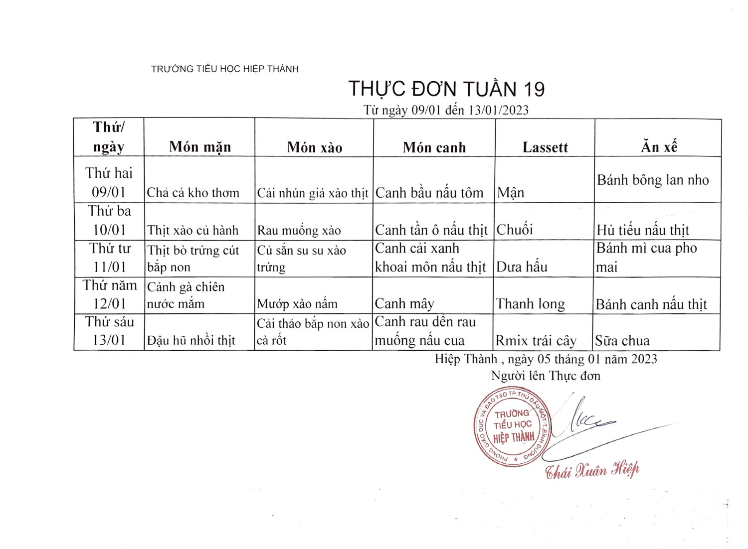 Thực đơn tuần 19