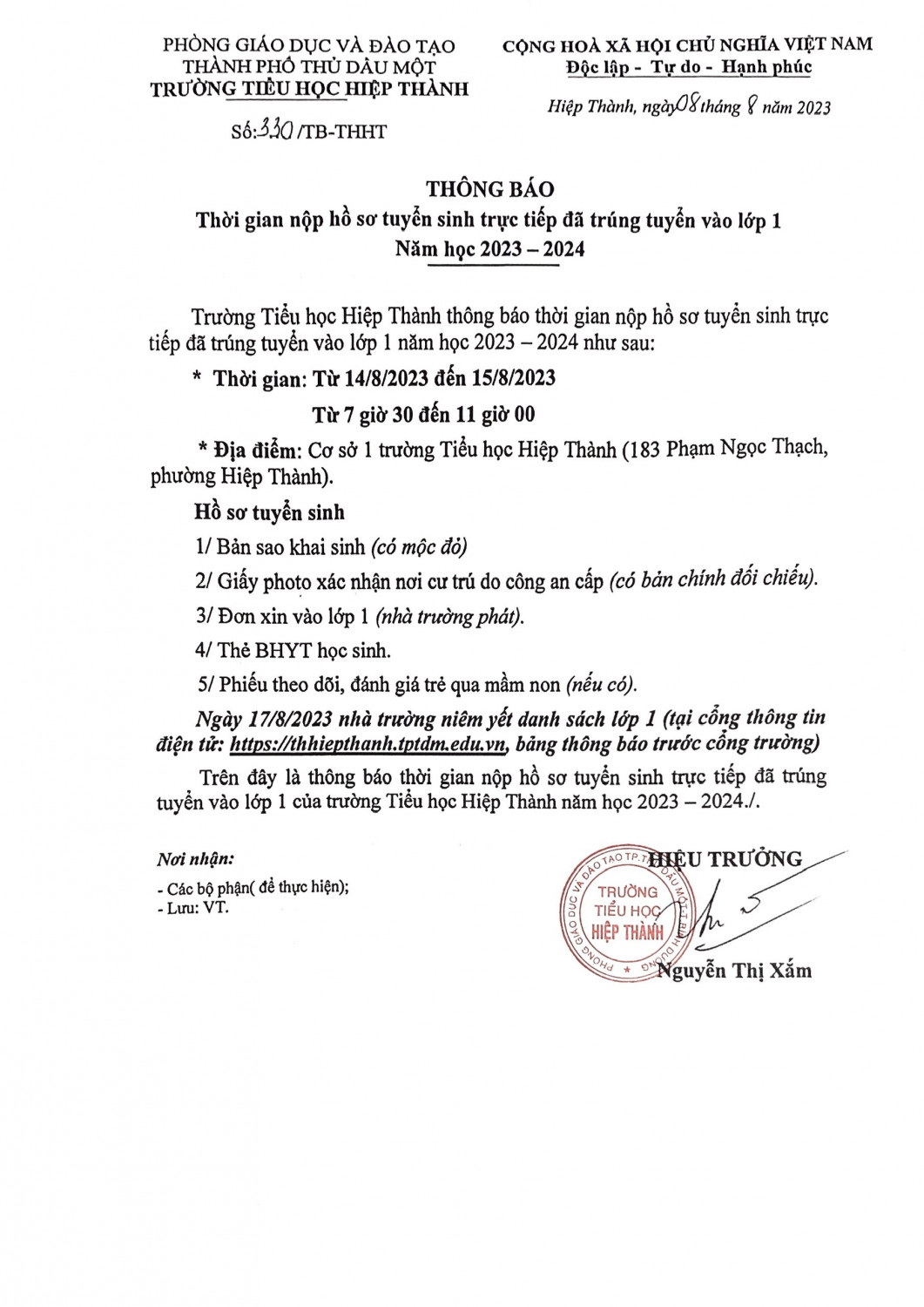 Thông báo nộp hồ sơ trực tiếp lớp 1