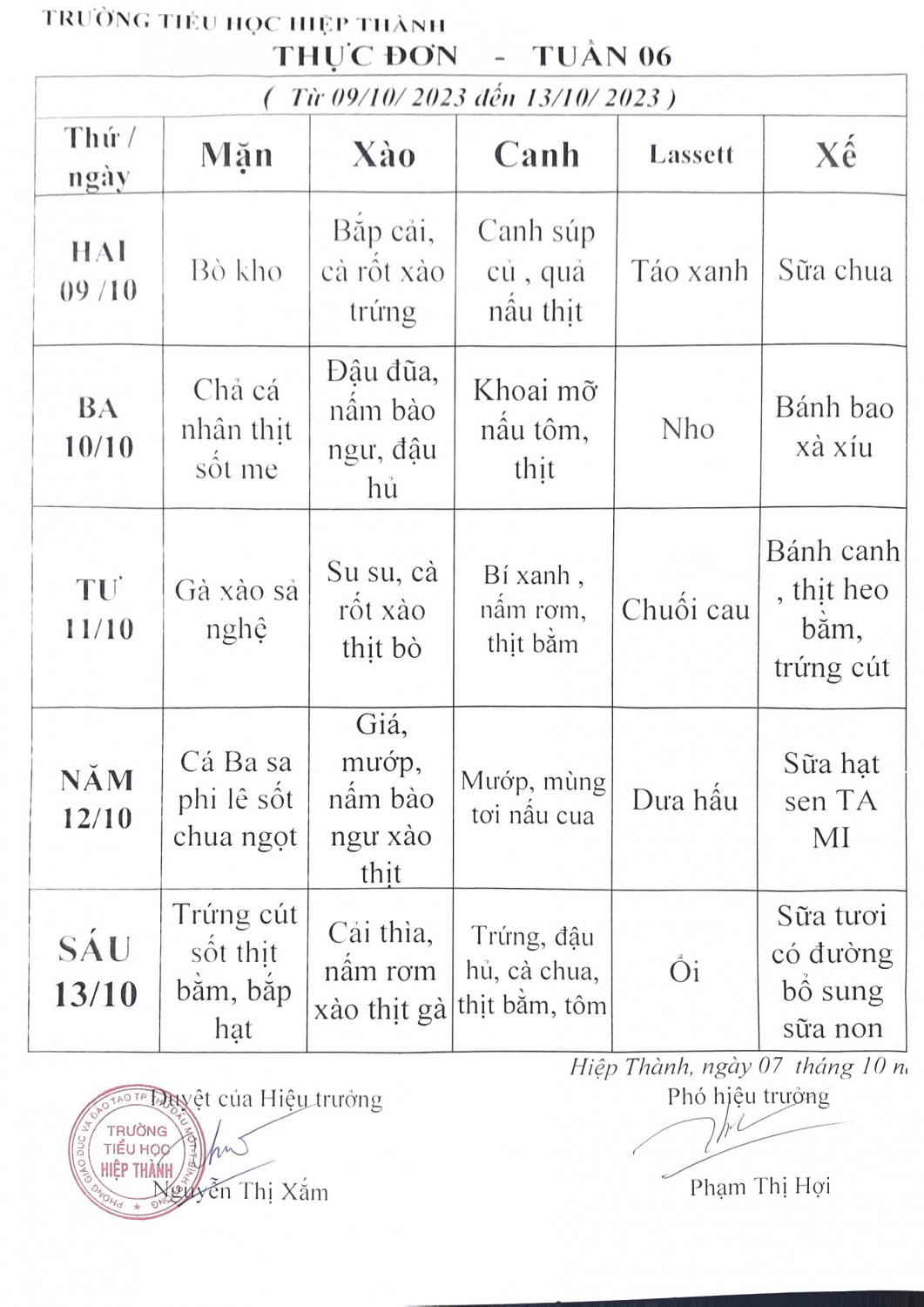 Thực đơn tuần 6