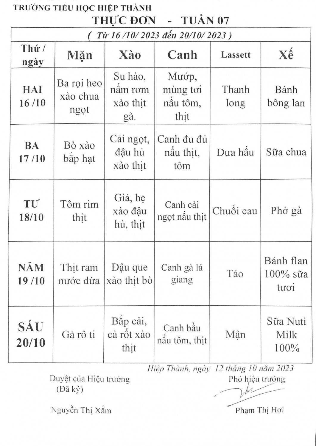 thực đơn tuần 7