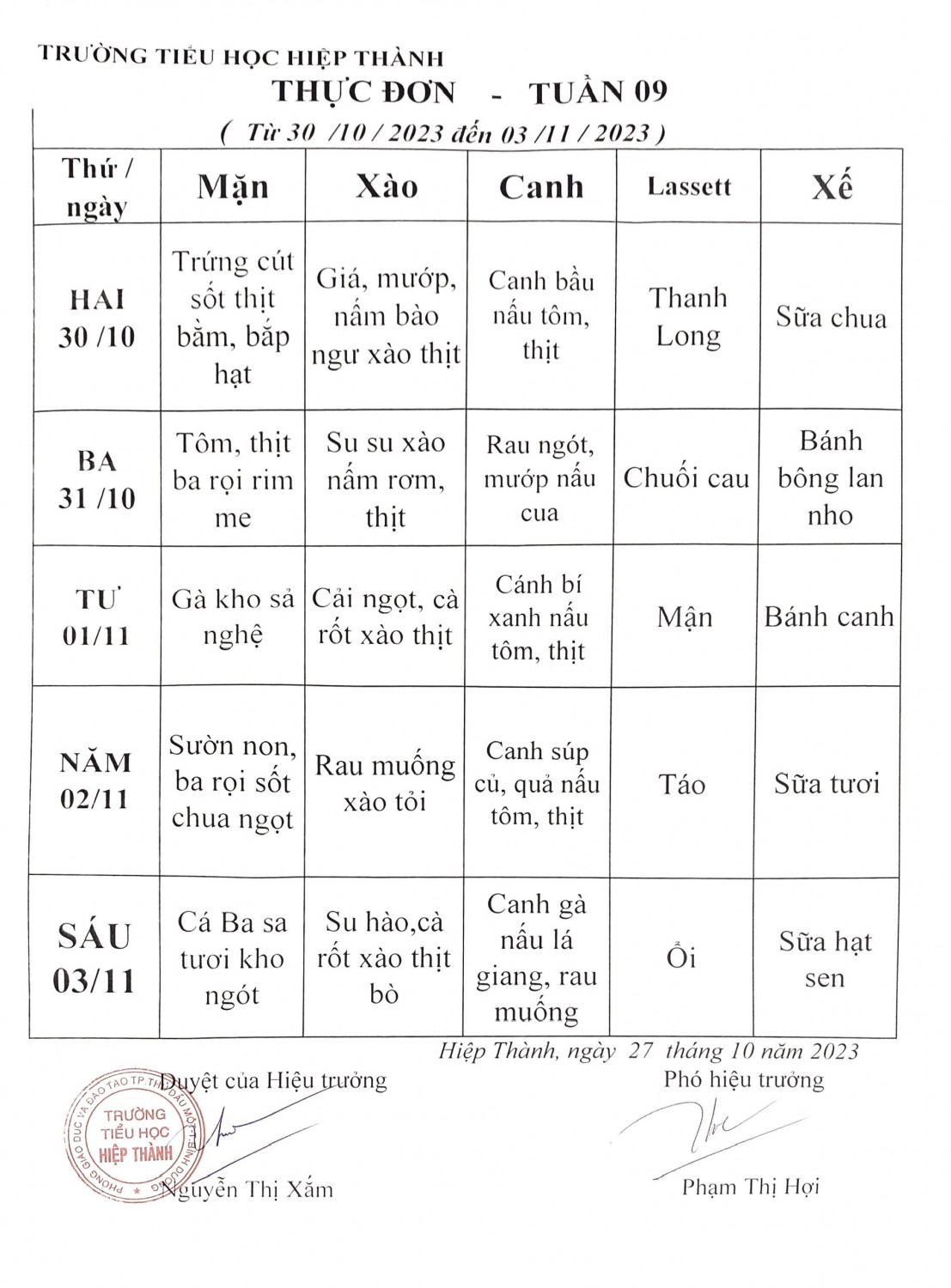 Thực đơn bán trú tuần 9
