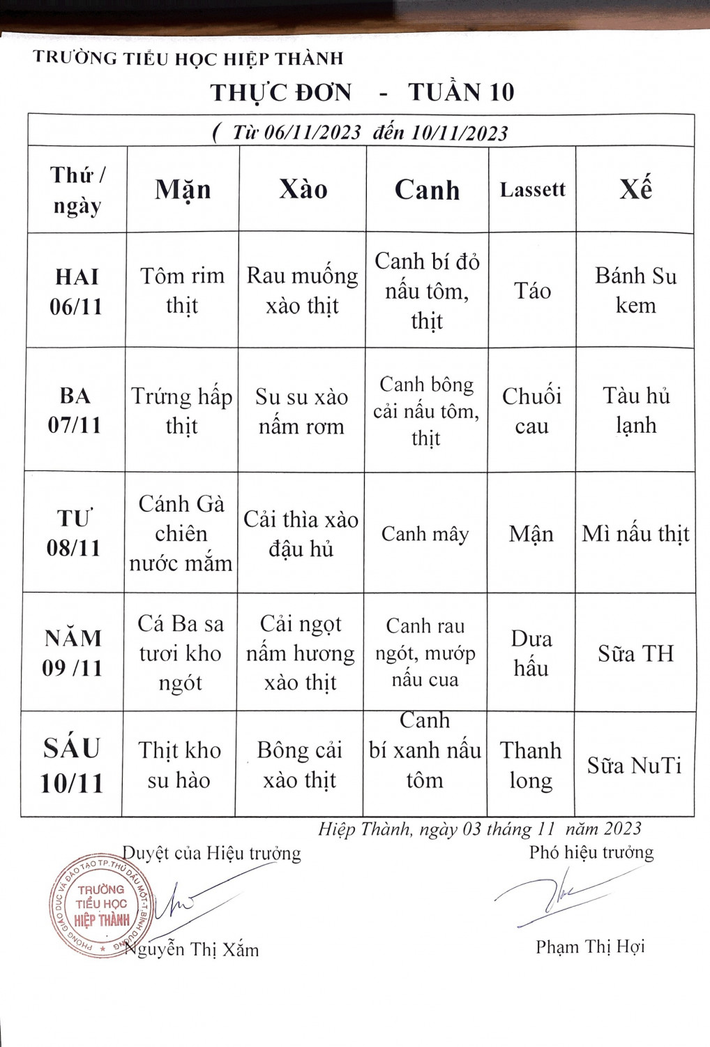 Thực đơn bán trú tuần 10