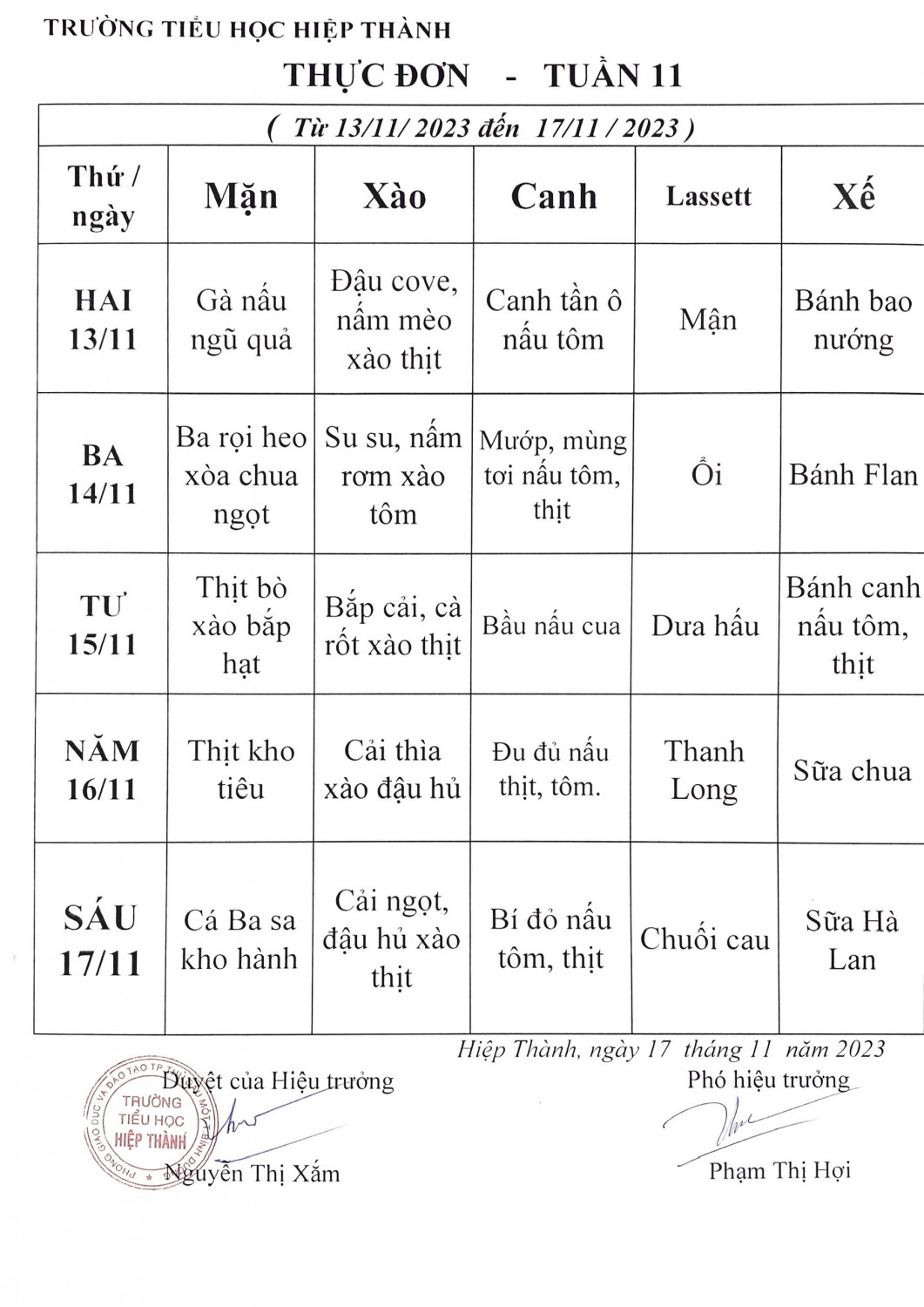 Thực đơn bán trú tuần 11
