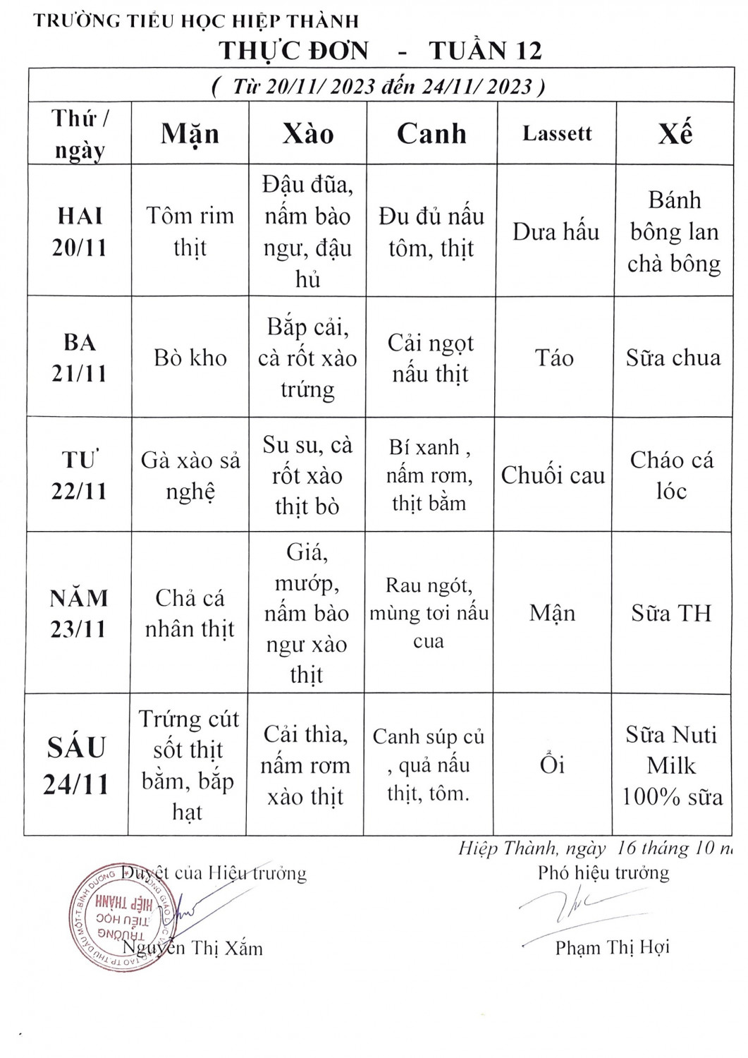 Thực đơn tuần 12