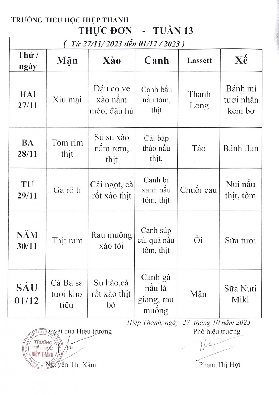 Thực đơn tuần 13