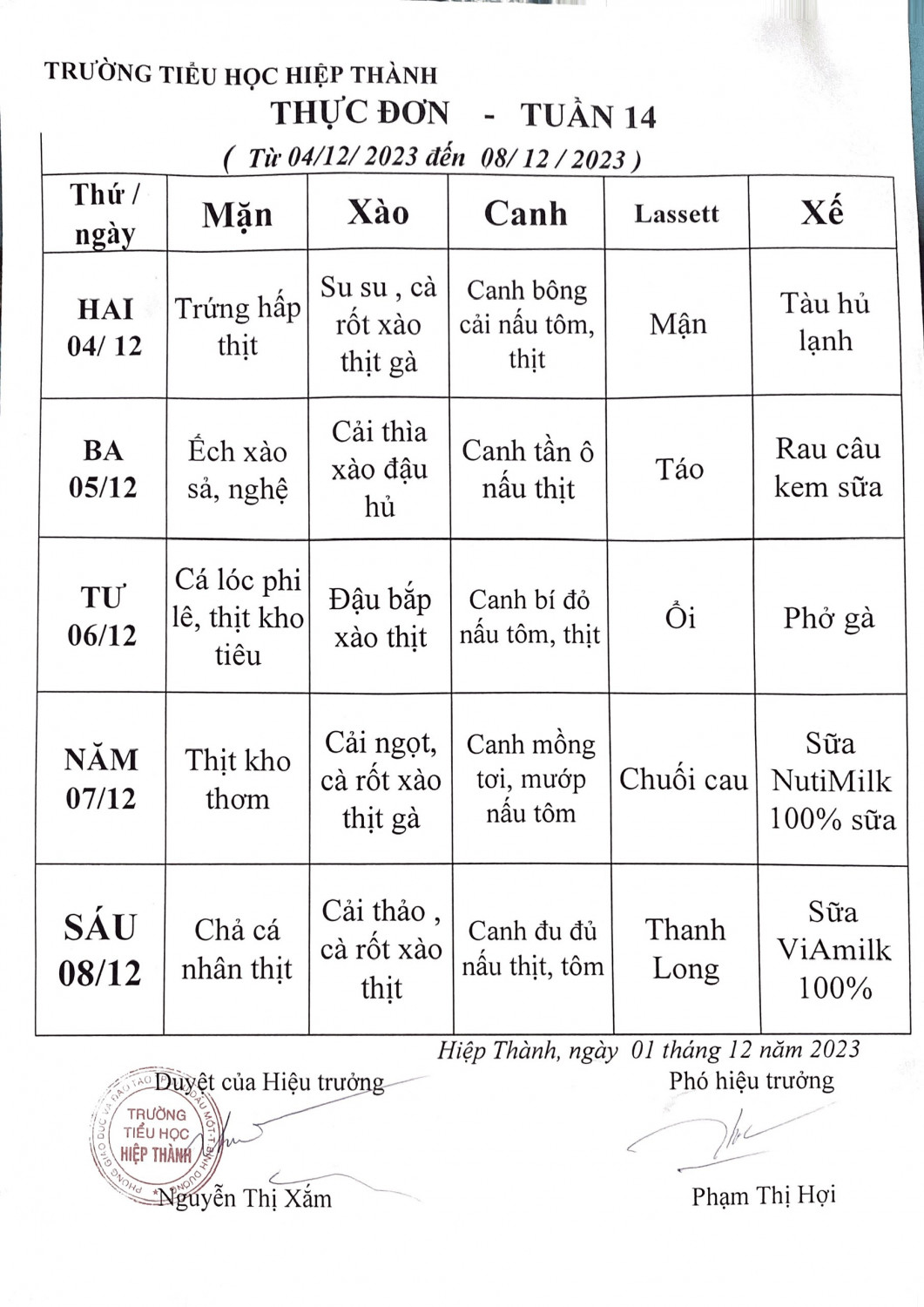 Thực đơn tuần 14
