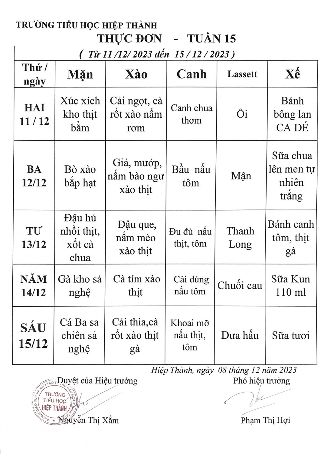 Thực đơn tuần 15