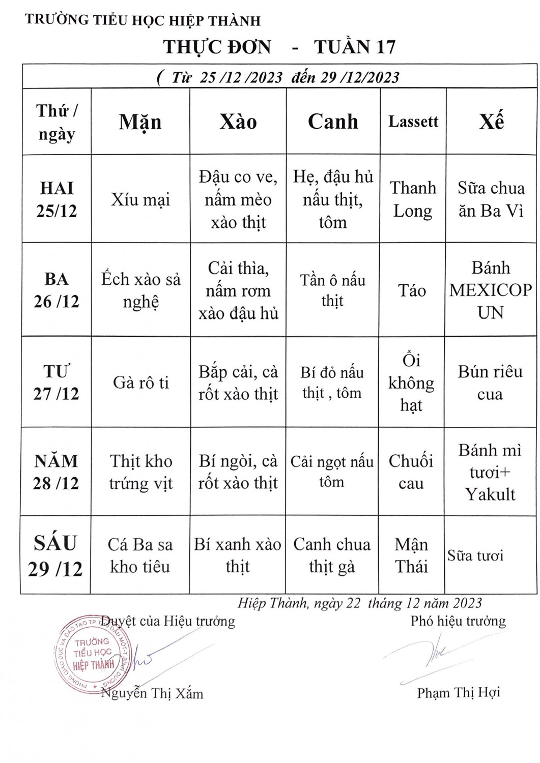 Thực đơn tuần 17