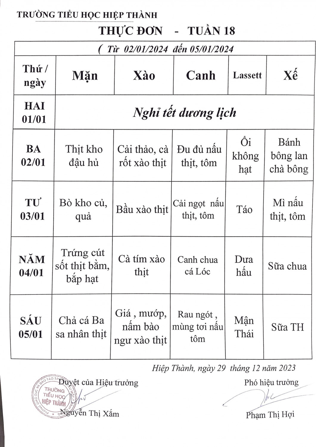 Thực đơn tuần 18