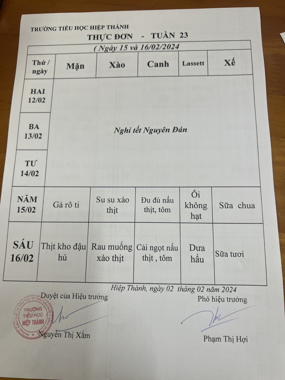 Thực đơn tuần 23