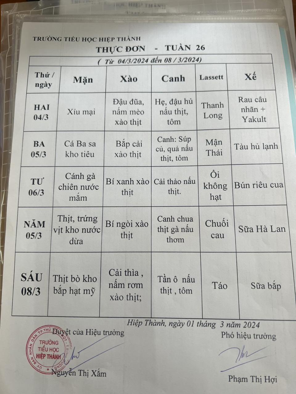 Thực đơn tuần 26