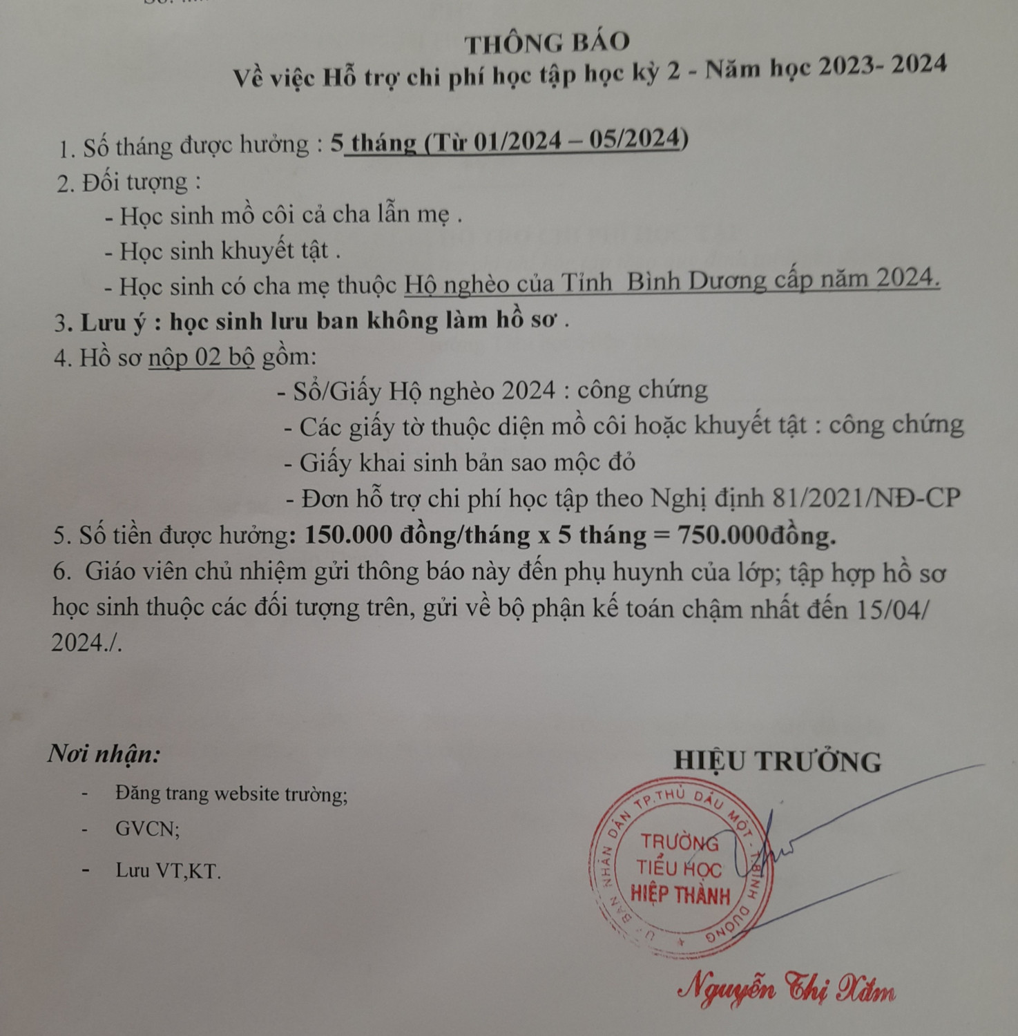 Thông báo về việc hỗ trợ chi phí học tập