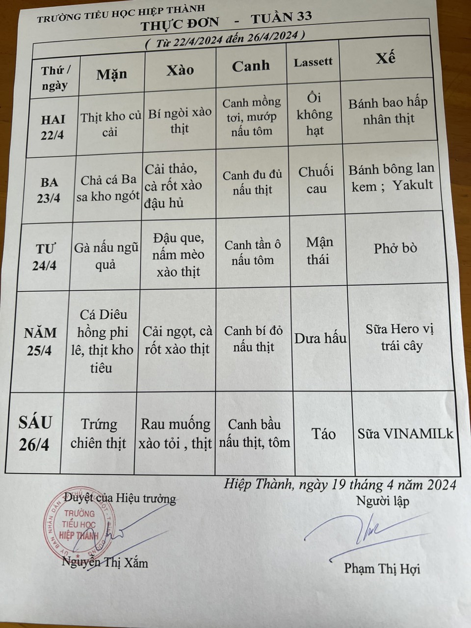 Thực đơn tuần 33