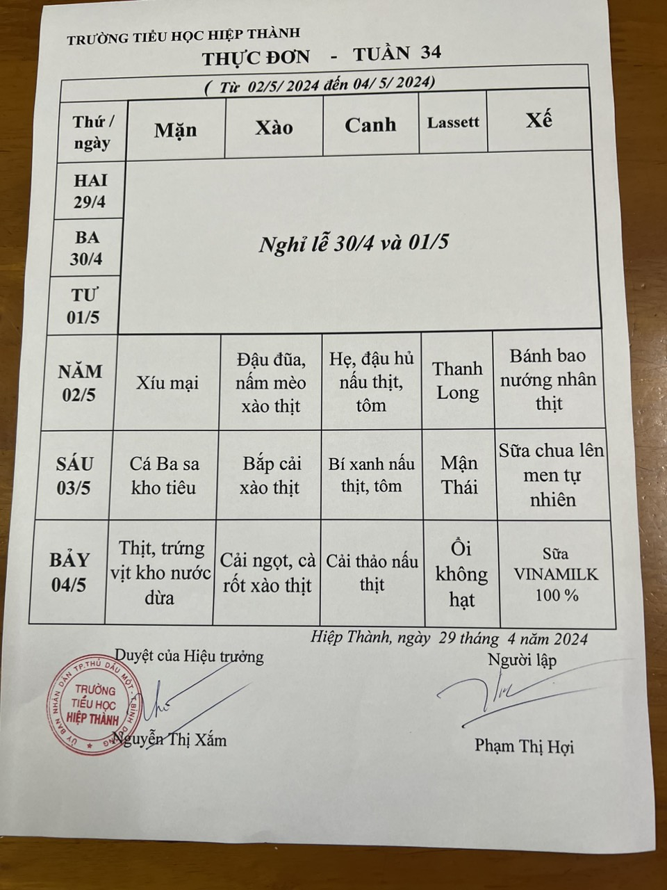 Thực đơn tuần 34