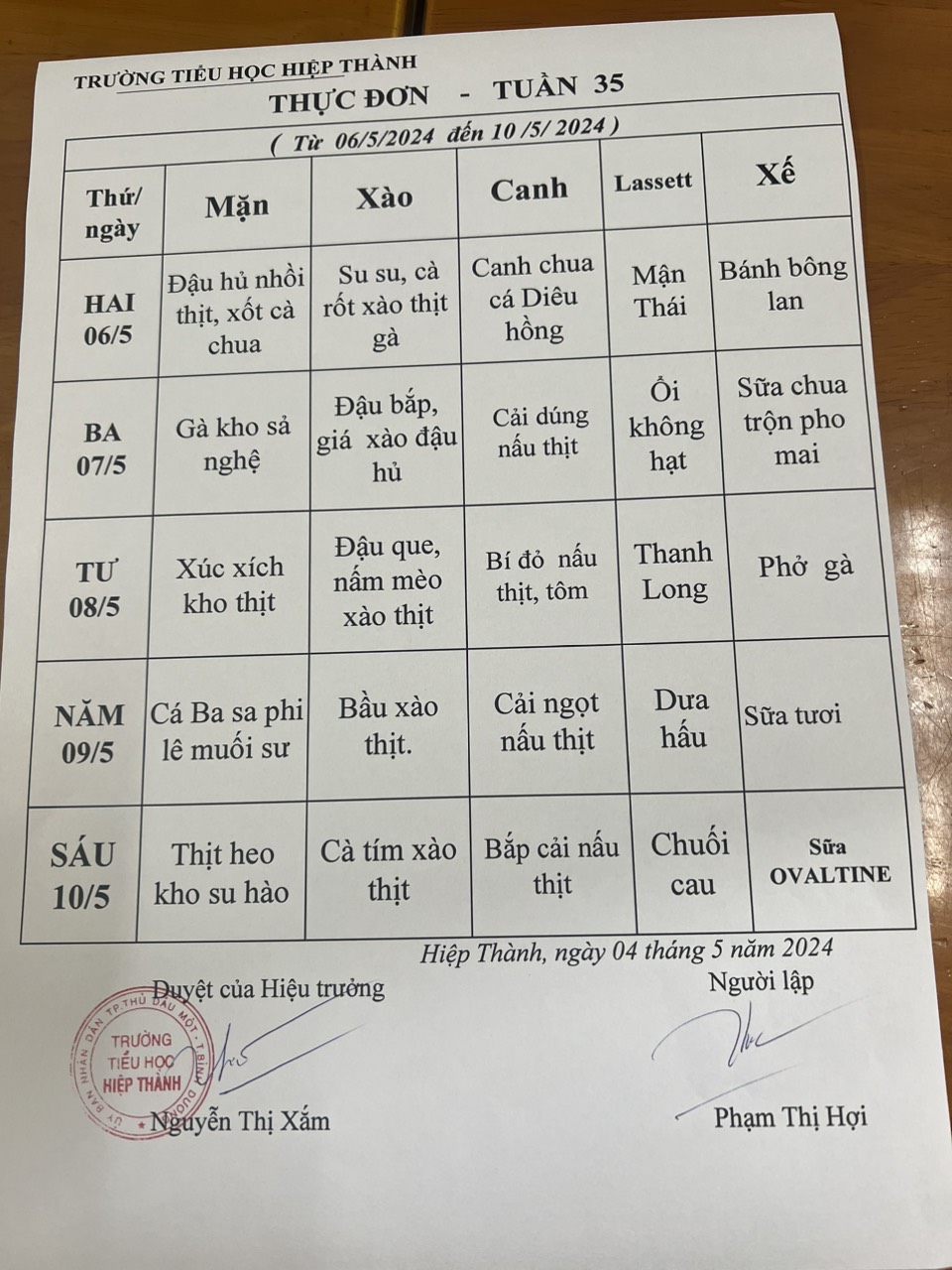 Thực đơn tuần 35