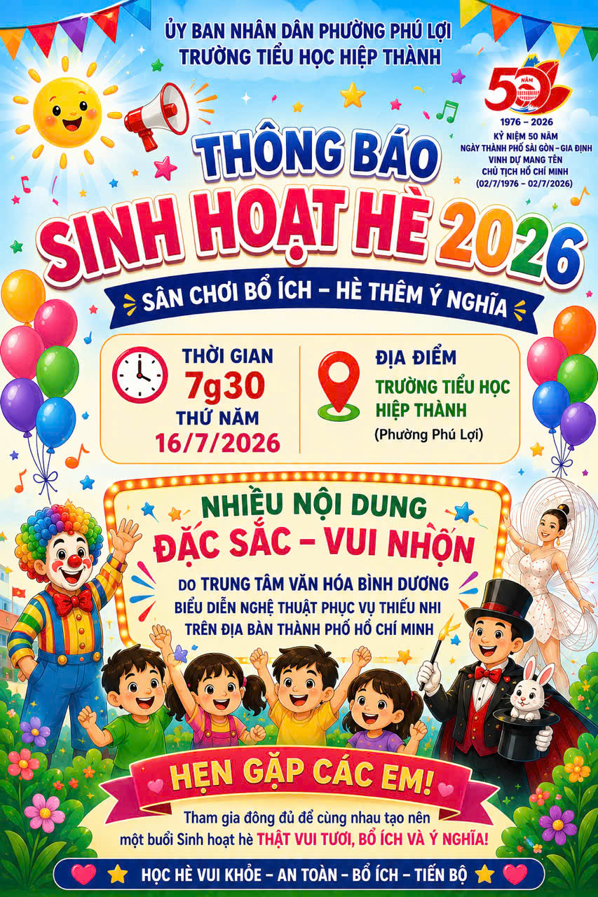 Hè rực rỡ- Niềm vui gõ cửa : “ Chương trình sinh hoạt hè 2026 tại trường Tiểu học Hiệp Thành”