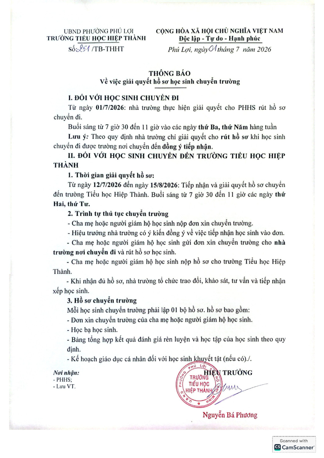 251 TB vv giải quyết hồ sơ HS chuyển trư page 0001