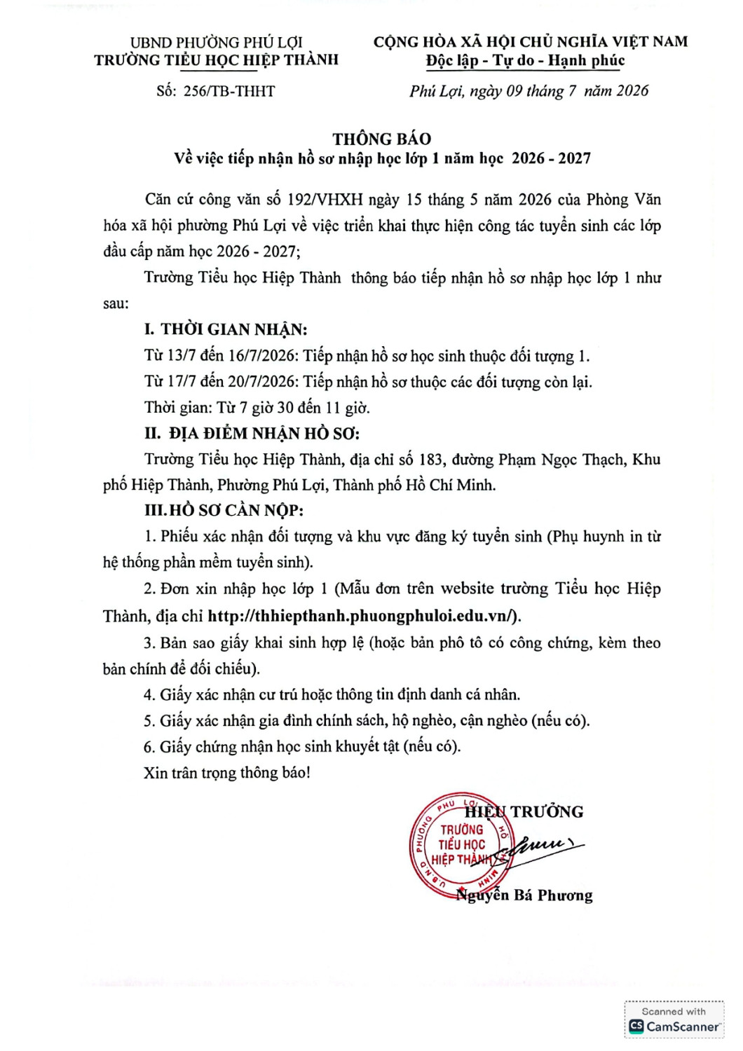 TB vv tiếp nhận hồ sơ nhập học lớp 1 page 0001