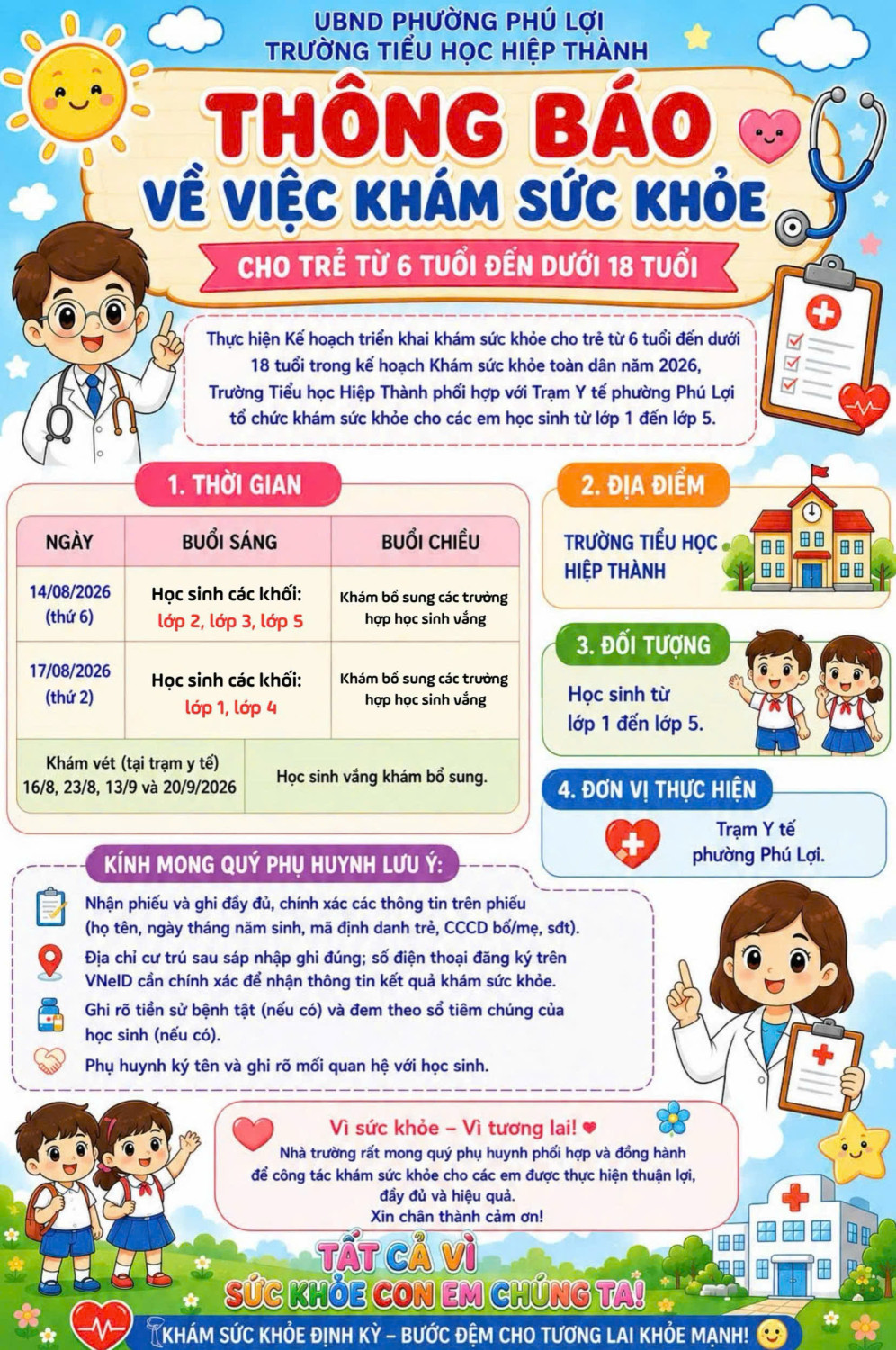 Trường Tiểu học Hiệp Thành thông báo khám sức khỏe cho học sinh toàn trường